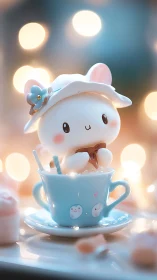 Ceramic rabbit figure positioned in blue teacup with lights.