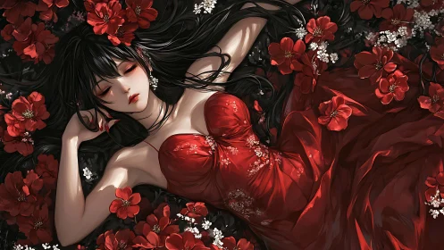 Crimson-gowned dreamer resting within scarlet blossoms.