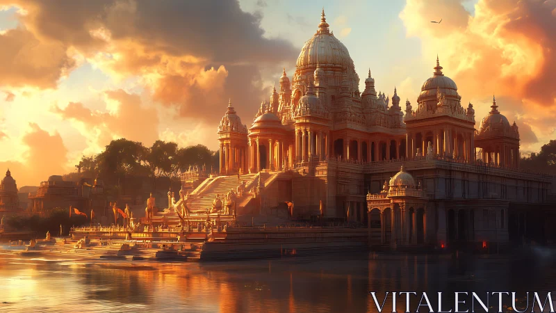 Sunlit riverside temple complex in radiant golden haze.