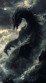 Dark sea dragon rising amid storm clouds and waves.