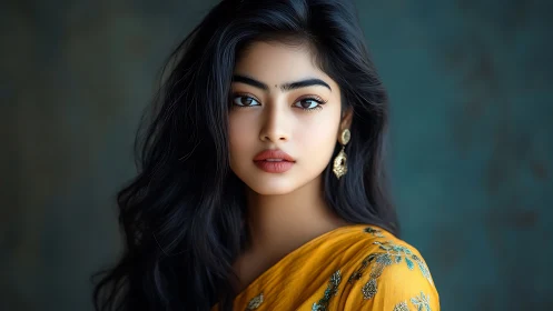 Elegant portrait of young woman in yellow sari, soft lighting.