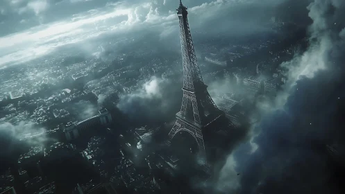 Storm-lit Eiffel spire adrift in brooding Parisian clouds.