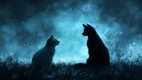 Moonlit Prophecy: Two Wolves Contemplate Their Cosmic Destiny