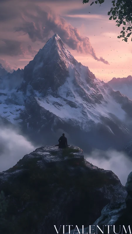 Solitary figure observing glaciated peak under volumetric dusk sky