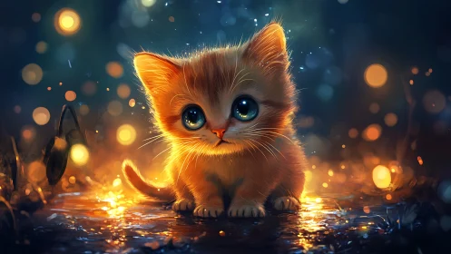Luminous Kitten with Ethereal Fire Aura and Bokeh Atmosphere