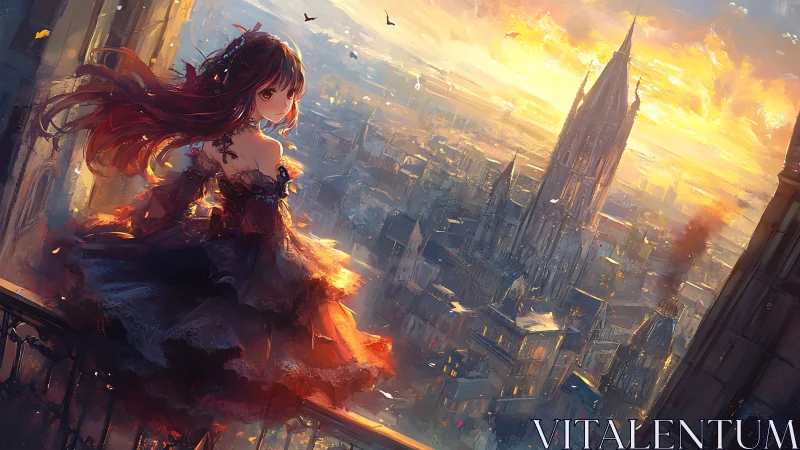 Backlit anime girl overlooks neo-gothic city at sunset glow