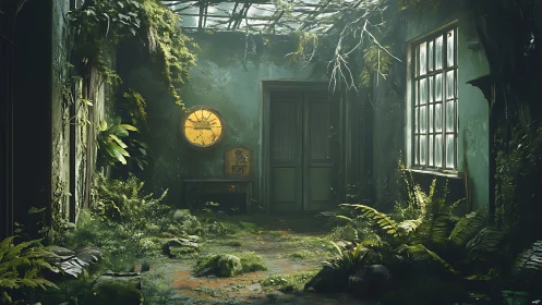 Overgrown abandoned room with glowing clock centerpiece.