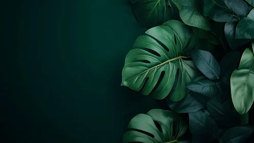 Lush tropical monstera leaves rest in deep emerald shadows
