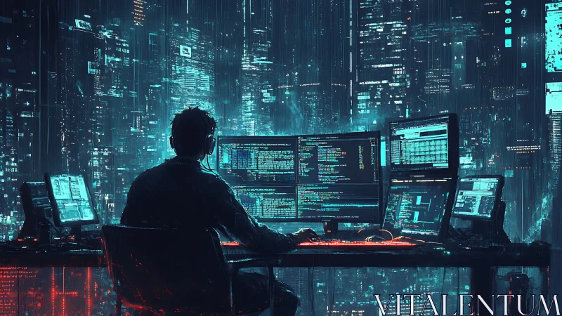 Focused coder at glowing screens in a neon cyber city.