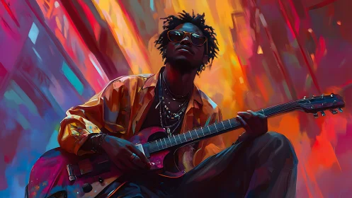 Urban guitarist in neon expressionist digital palette.