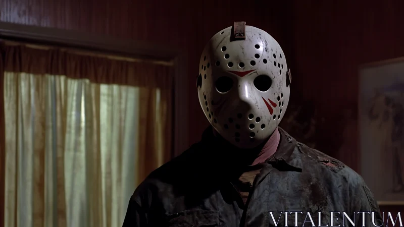 Masked horror figure stands in dimly lit wooden room