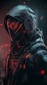 Cybernetic hooded sentinel in red luminance and smoke.