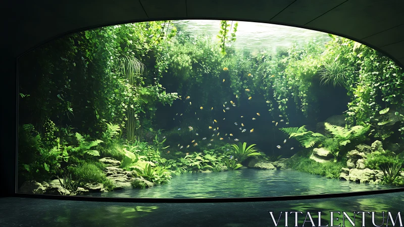 Immersive underwater jungle vista in curved panoramic frame.