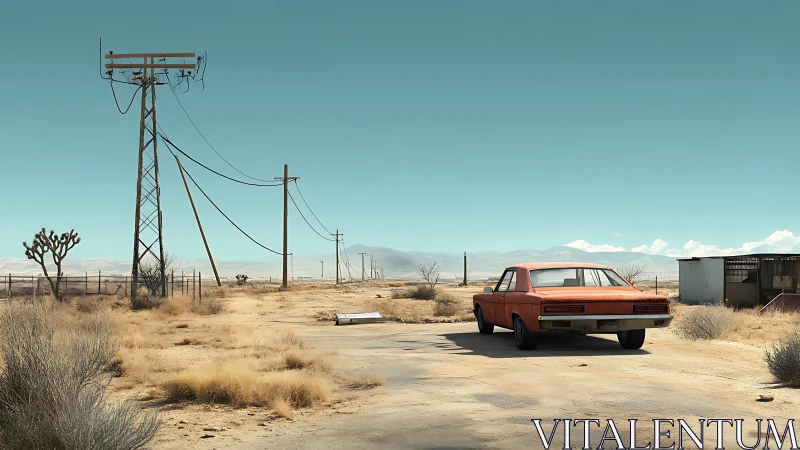 Rust-orange sedan idling on a desolate desert roadside.
