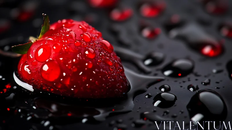 Ruby strawberry glistens on ink-black droplets of desire.