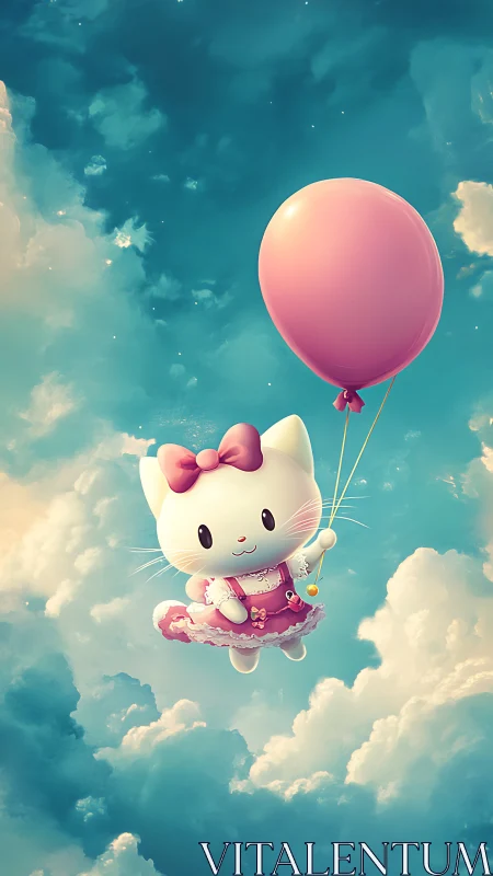 Skyward kitty with pink balloon in dreamy cloudscape.