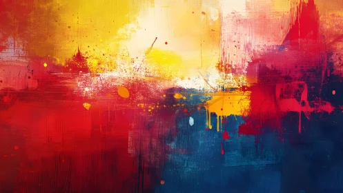 Vibrant Abstract Painting with Bold Red, Yellow, and Blue Hues.