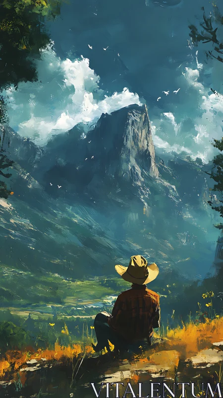 Cowboy watches sunlit valley below towering granite peak.