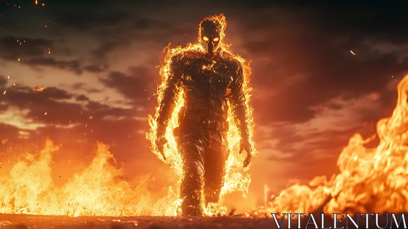 Flaming humanoid figure walks through fire against dusk sky
