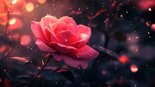 Digital rendering of pink rose with luminescent particles and bokeh background.