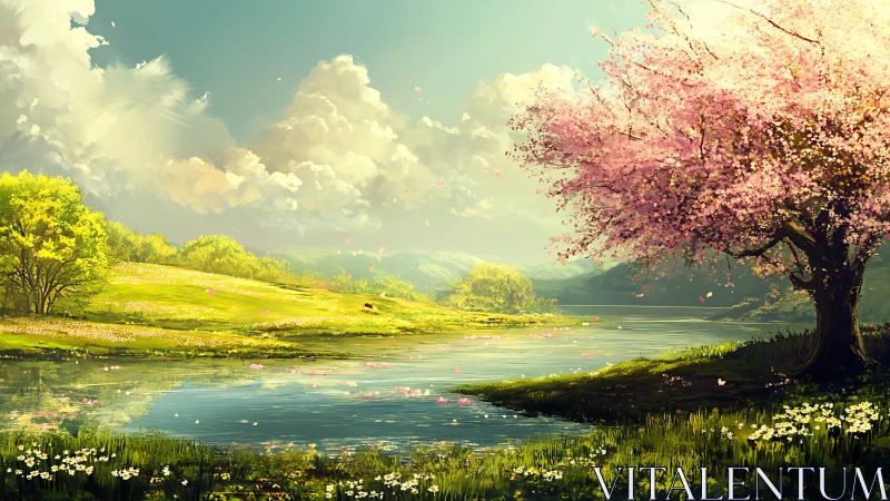 Springlit blossom tree guarding a river of drifting petals.