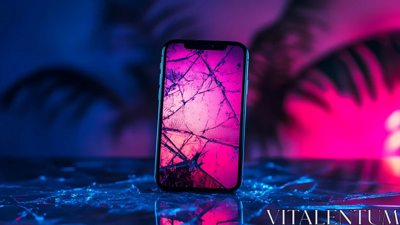 Shattered phone glowing in dreamy neon midnight colors.