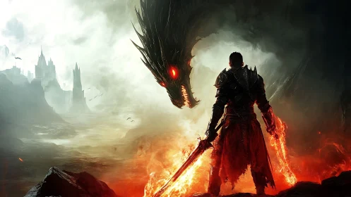 Armored warrior facing large dragon in fiery wasteland.