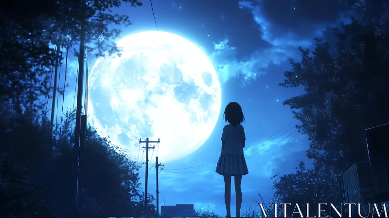 Girl silhouetted against oversized moon in night landscape.