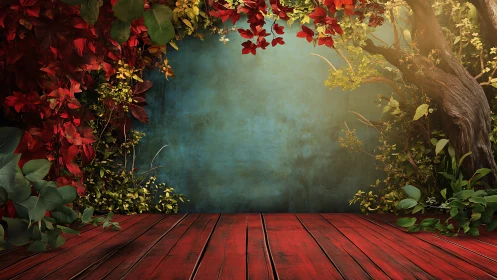 Red wooden platform with dense foliage and blue backdrop.