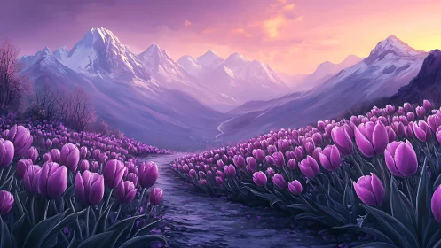 Lavender tulip valley unfolds beneath glowing alpine dawn.