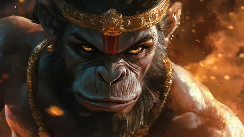 Mythic warrior ape with golden crown amid blazing embers.
