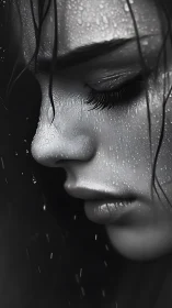 Close-up monochrome portrait of wet female face profile.