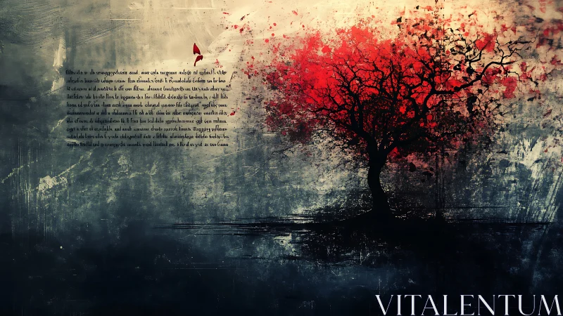 Red crowned tree silhouette contrasts against grunge sky