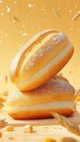 Artisanal French Bread Loaves Stacked with Wheat Flourish.