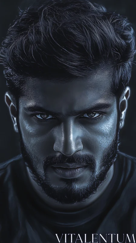 Intense male portrait glows with cold, cinematic resolve