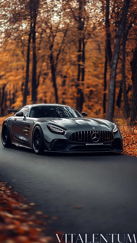 Photorealistic AMG coupe in shallow-depth autumn forest scene.
