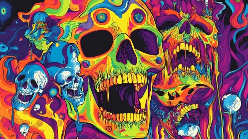 Psychedelic neon skulls scream across a melting cosmic void.