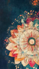 Mandala floral radial burst on textured indigo ground.