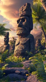 Sunlit island statues keeping quiet watch over the palms.