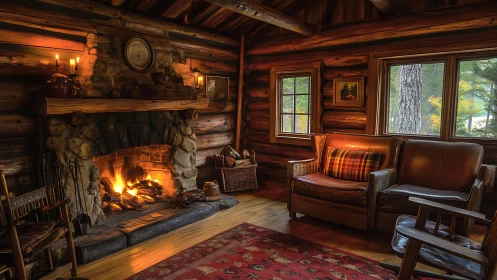 Log cabin living room with stone fireplace and warm fire.