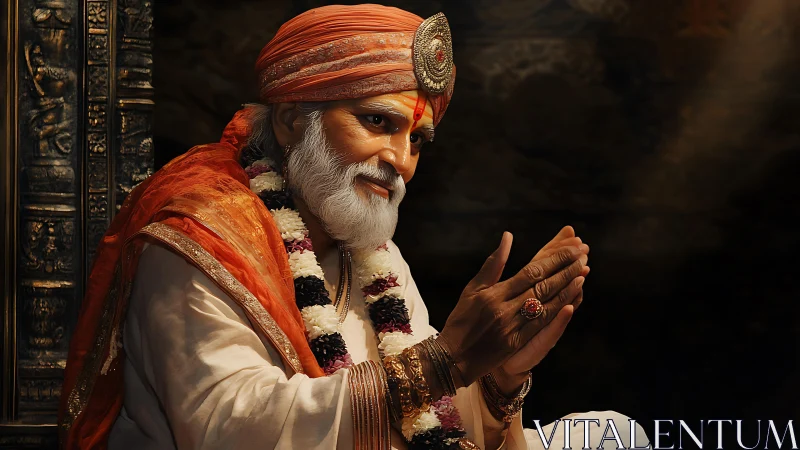 Photorealistic portrait of elderly spiritual guru in warm light.
