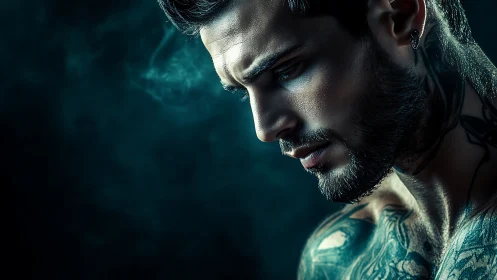 Moody tattooed man gazes down in soft, cinematic light