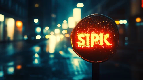 Neon SIPK sign glowing over rain slicked night street.