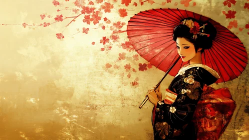 Geisha holding red parasol against textured gold background.