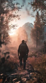 Solitary armed hiker advances toward misted alpine summit