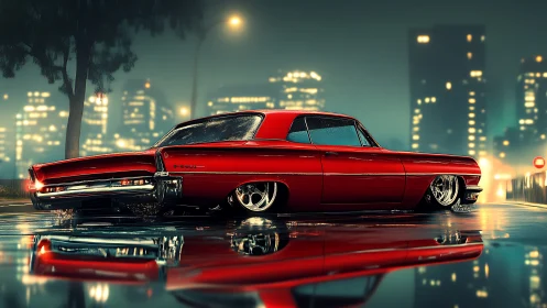 Lowrider red classic car on wet neon city street at night.