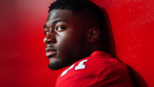 Focused football player leans against bold red wall