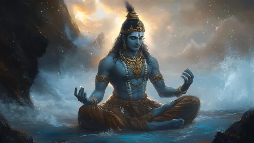Blue-skinned deity meditating in turbulent oceanic landscape