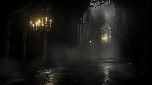 Candlelit gothic hall whispers softly through drifting mist