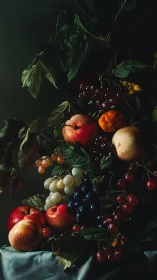 Low-key chiaroscuro still life of fruit, leaves, and drapery.